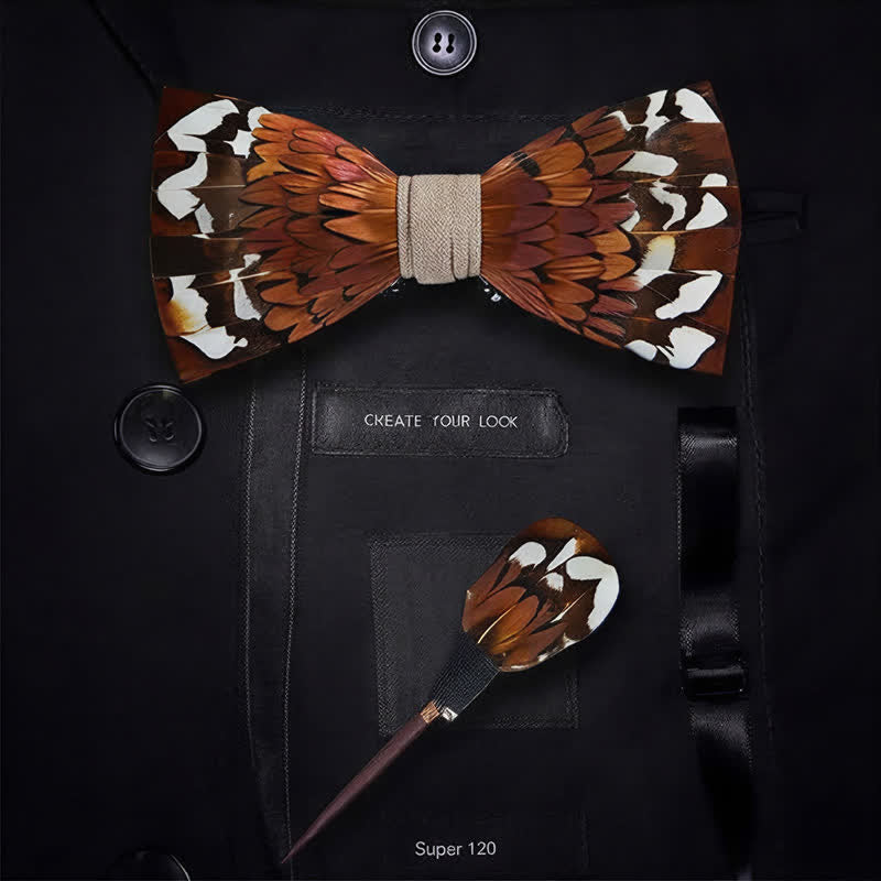 Country Chestnut Brown Autumn Pheasant Feather Bow Tie with Lapel Pin - image 5