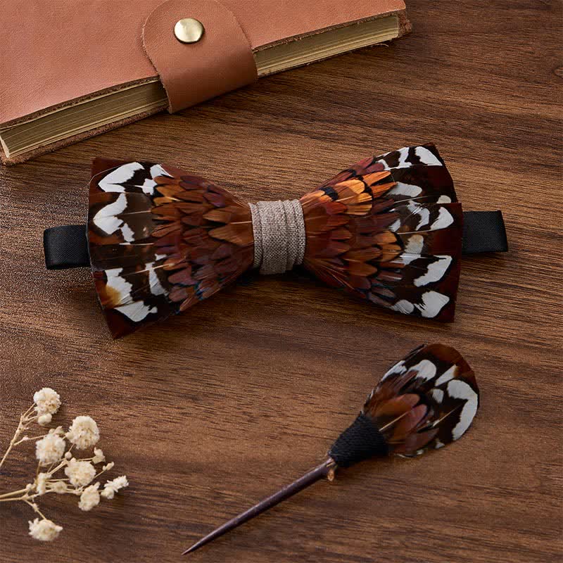 Country Chestnut Brown Autumn Pheasant Feather Bow Tie with Lapel Pin - Brown - image 2