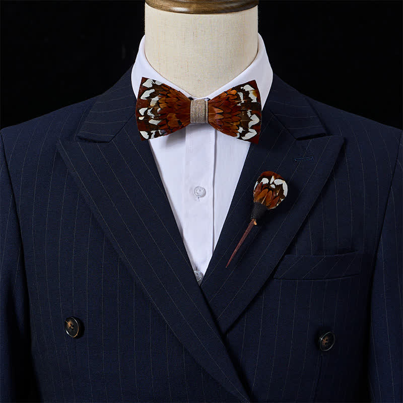 Country Chestnut Brown Autumn Pheasant Feather Bow Tie with Lapel Pin - image 1
