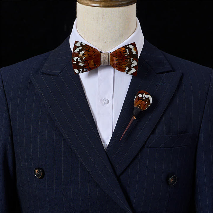 Country Chestnut Brown Autumn Pheasant Feather Bow Tie with Lapel Pin - image 1