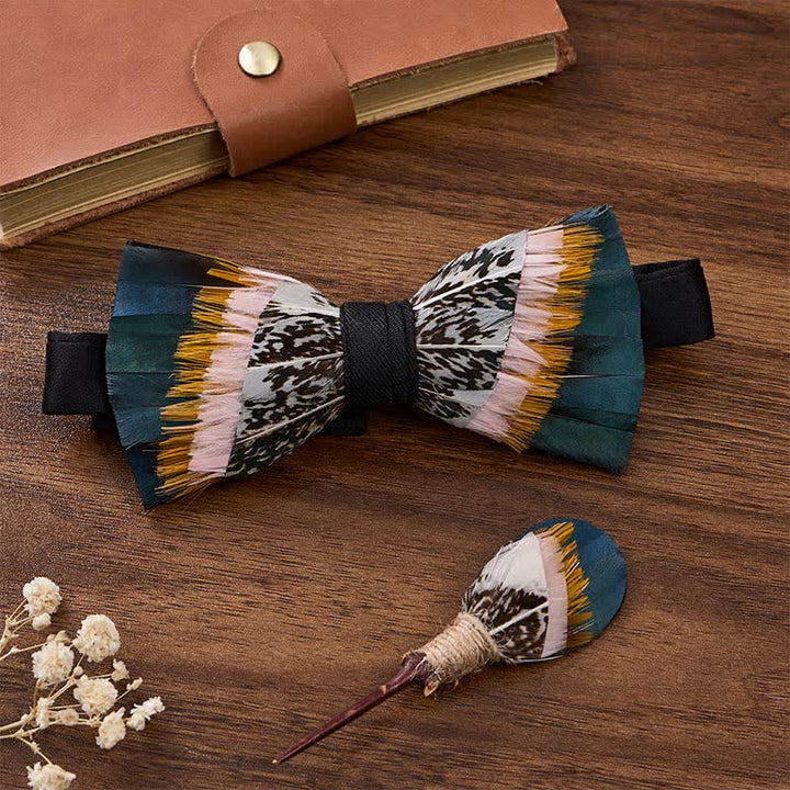 Deep Teal & Mustard Yellow Sunset Prairie Feather Bow Tie with Lapel Pin - Teal & Yellow - image 2