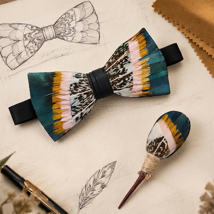 Deep Teal & Mustard Yellow Sunset Prairie Feather Bow Tie with Lapel Pin - image 0