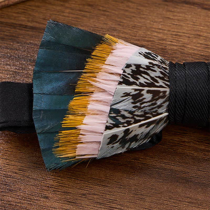 Deep Teal & Mustard Yellow Sunset Prairie Feather Bow Tie with Lapel Pin - image 3