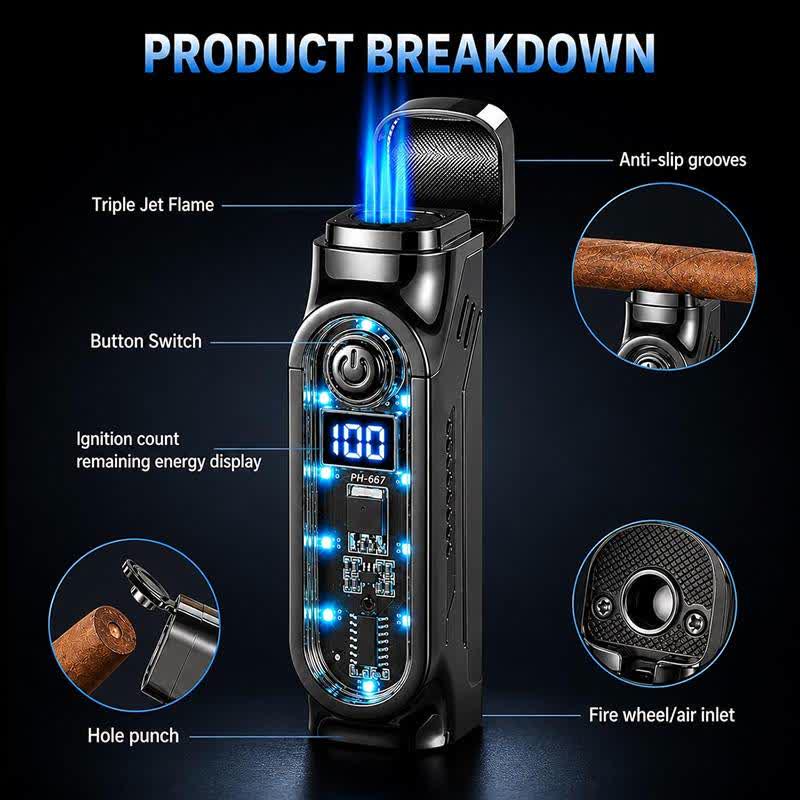 Triple Jet Torch Cigar Lighter With Digital Power Display & Cigar Punch - image 1