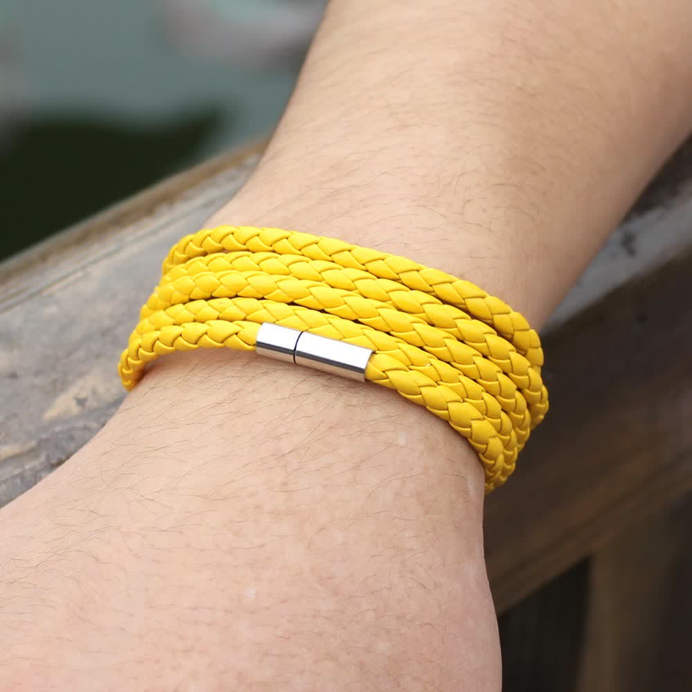 Multi-Layer Magnetic Buckle Braided PU Leather Wrap Bracelet - Yellow - image 12