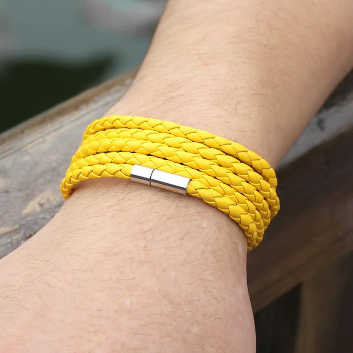 Multi-Layer Magnetic Buckle Braided PU Leather Wrap Bracelet - Yellow - image 12