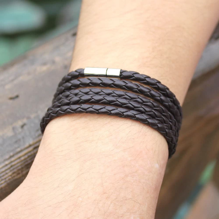 Multi-Layer Magnetic Buckle Braided PU Leather Wrap Bracelet - Coffee - image 2