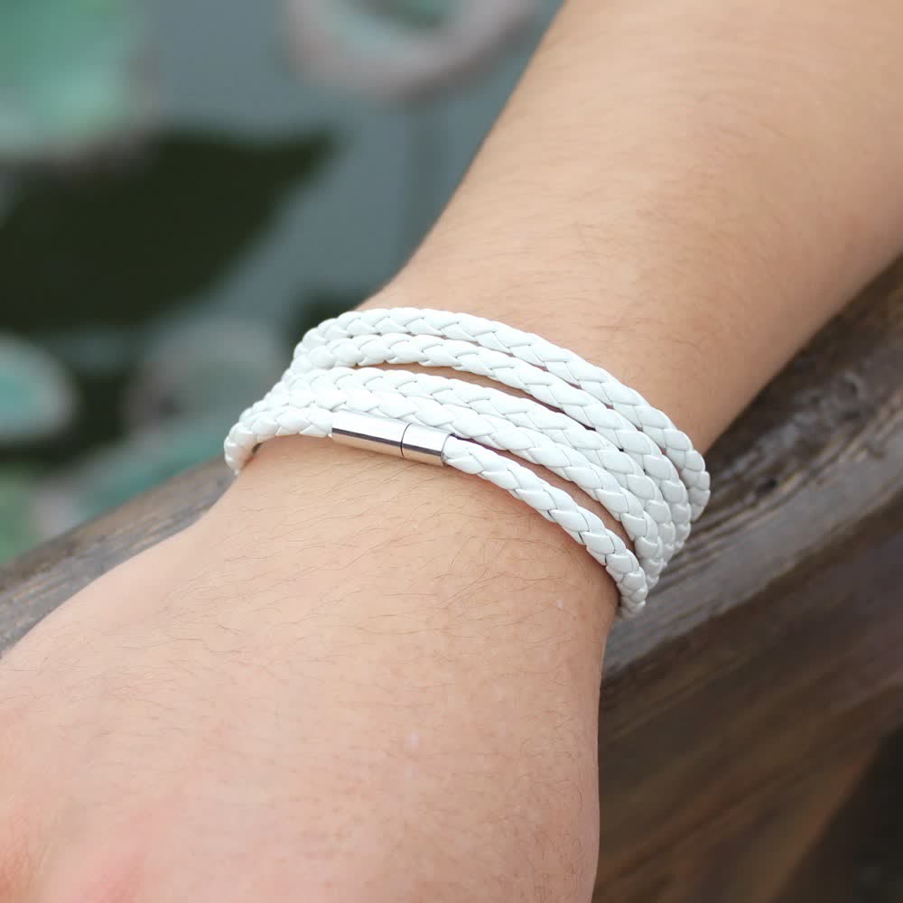 Multi-Layer Magnetic Buckle Braided PU Leather Wrap Bracelet - White - image 4