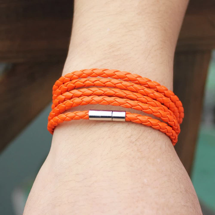 Multi-Layer Magnetic Buckle Braided PU Leather Wrap Bracelet - Orange - image 16