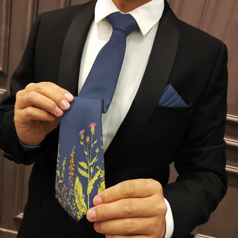 Men's Navy Blue Amidst Flowers Necktie - image 2