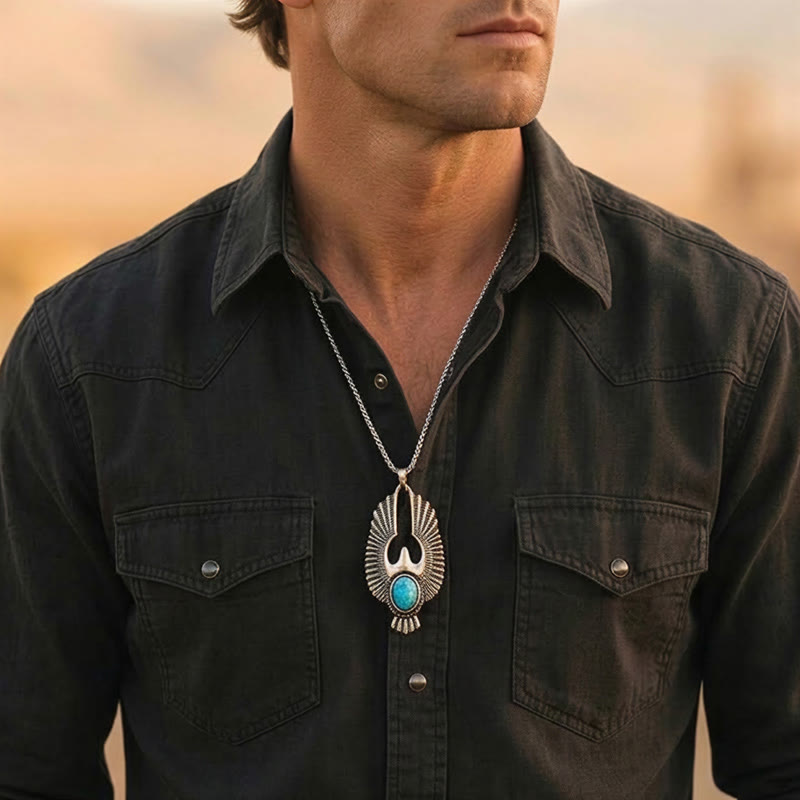 Punk Vintage Silver Feather Skull Turquoise Necklace - image 1