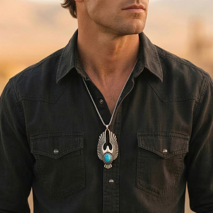 Punk Vintage Silver Feather Skull Turquoise Necklace - image 1