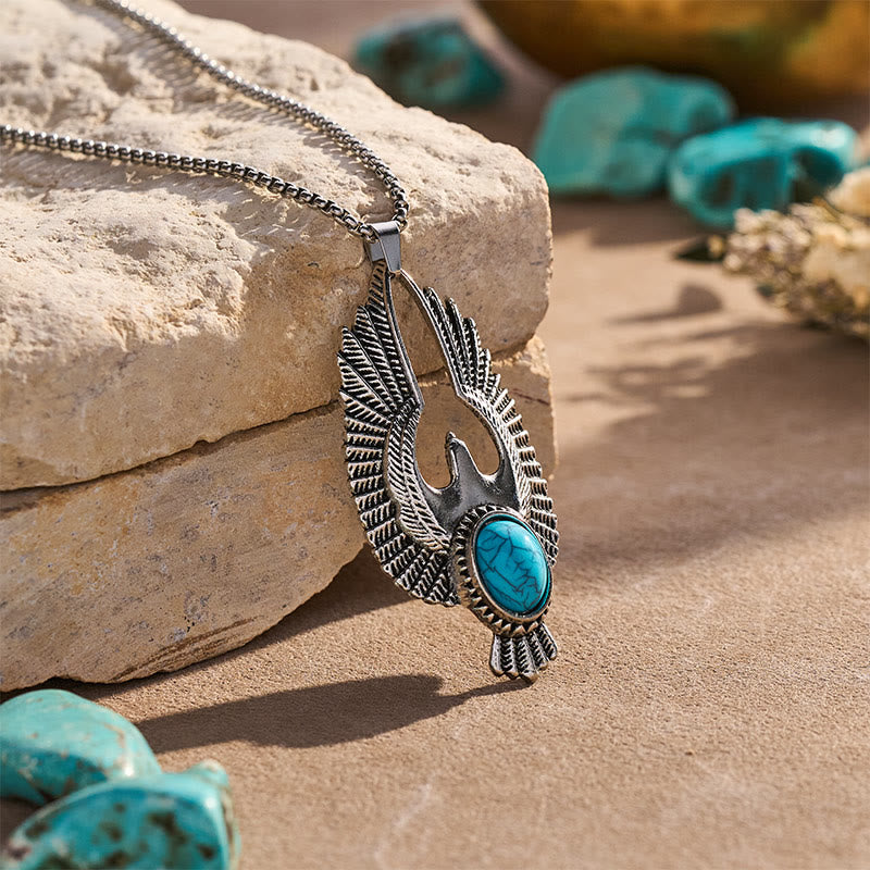 Punk Vintage Silver Feather Skull Turquoise Necklace - image 4