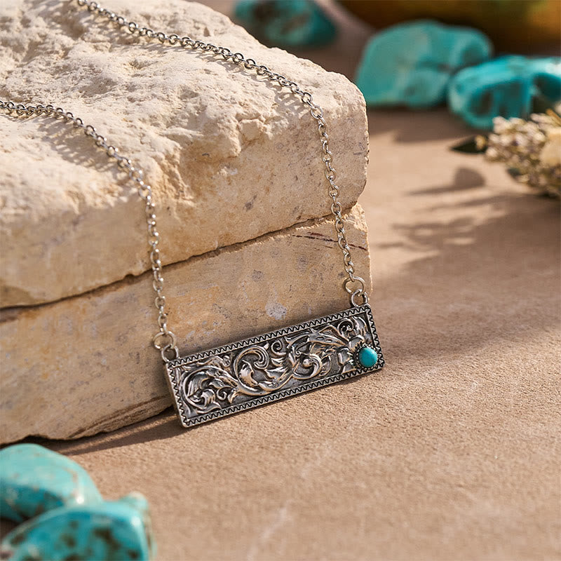 Bohemian Vintage Engraved Rectangular Turquoise Necklace - image 3