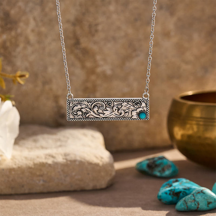 Bohemian Vintage Engraved Rectangular Turquoise Necklace - Silver - image 0