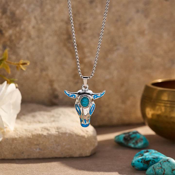 Men's Vintage Western Glow in the Dark Bull Skull Necklace - Blue - image 0