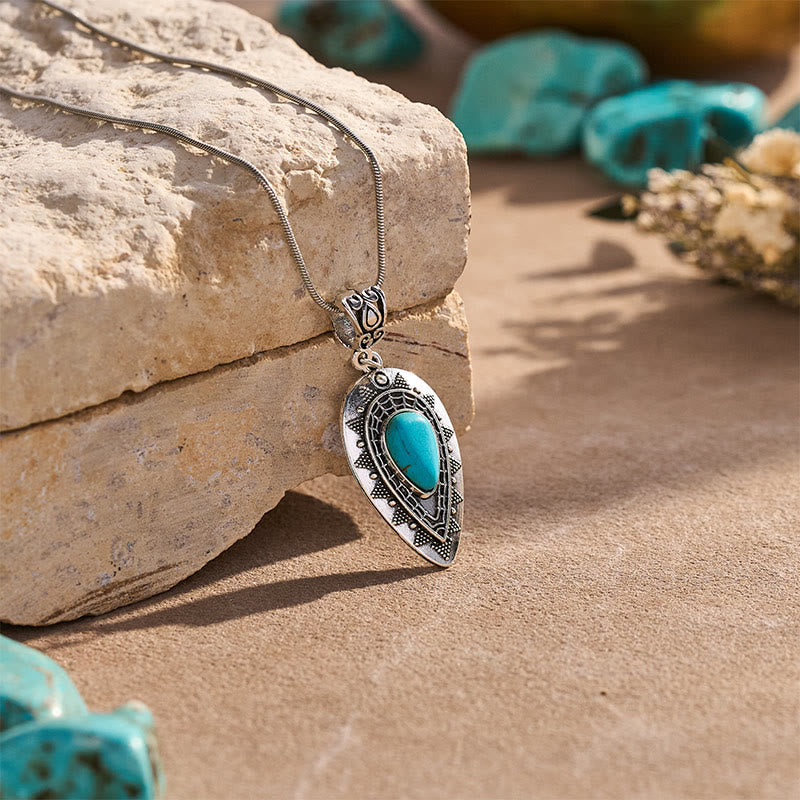 Vintage Engraved Teardrop Turquoise Pendant Necklace - image 3