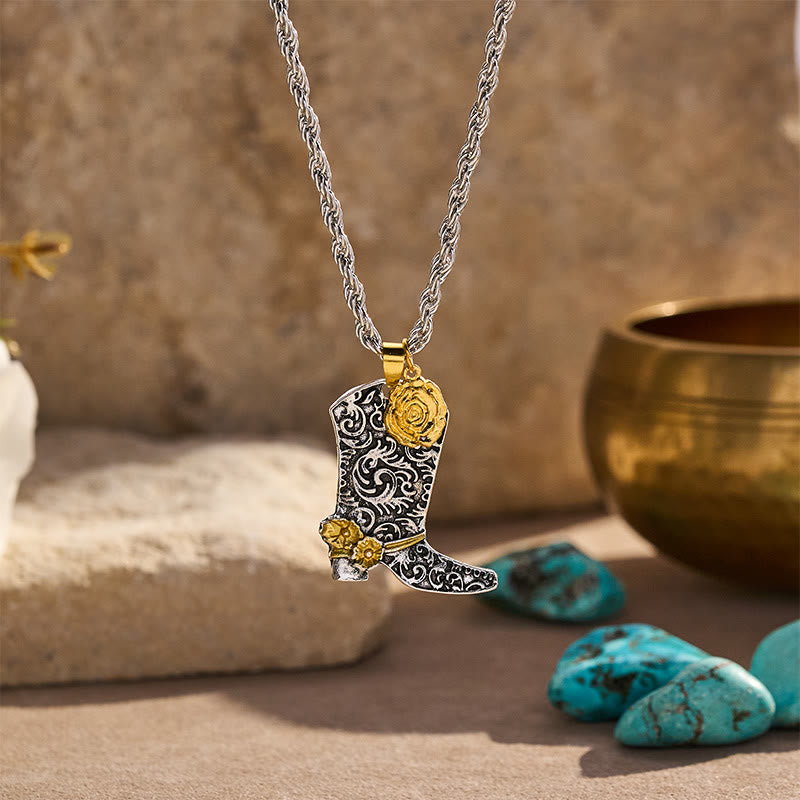 Vintage Western Cowboy Boot Two-Tone Pendant Necklace - Silver - image 0
