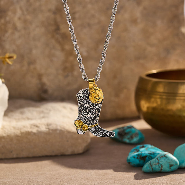 Vintage Western Cowboy Boot Two-Tone Pendant Necklace - Silver - image 0