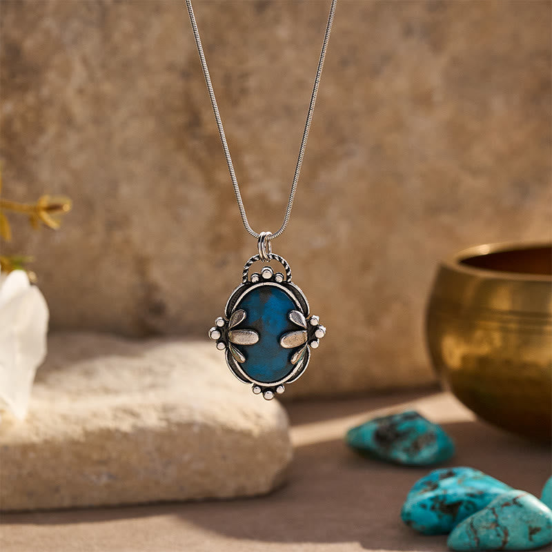 Vintage Floral Oval Blue Stone Pendant Necklace - Silver - image 0
