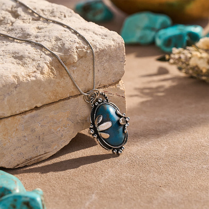 Vintage Floral Oval Blue Stone Pendant Necklace - image 3