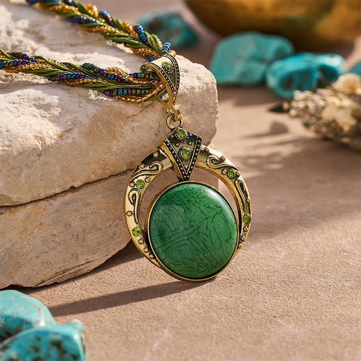 Bohemian Vintage Handmade Beaded Round Stone Necklace - image 3