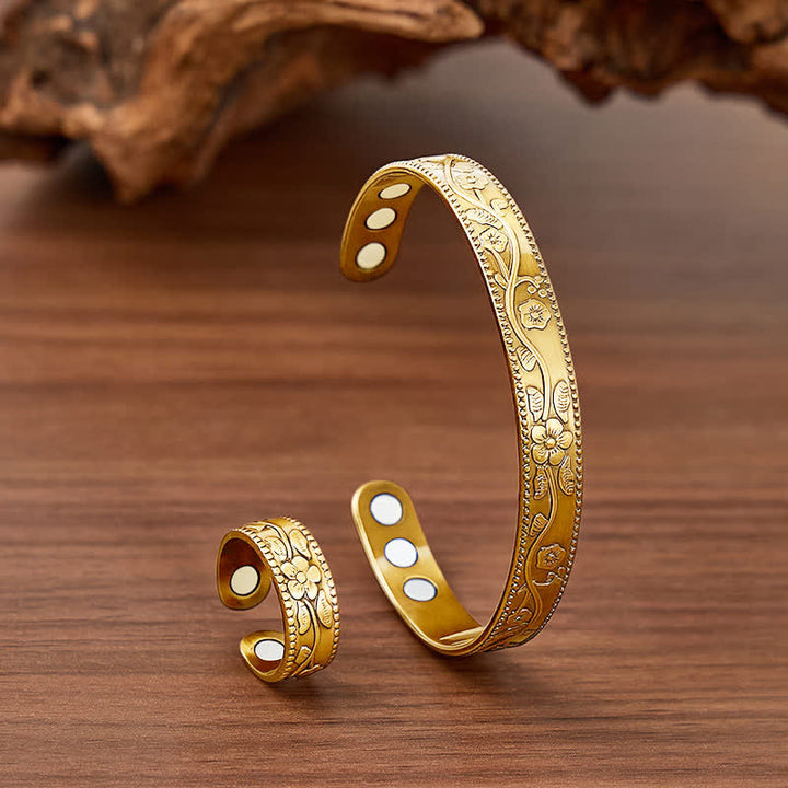 Vintage Floral Embossed Magnetic Bracelet And Ring Set - Gold - image 7