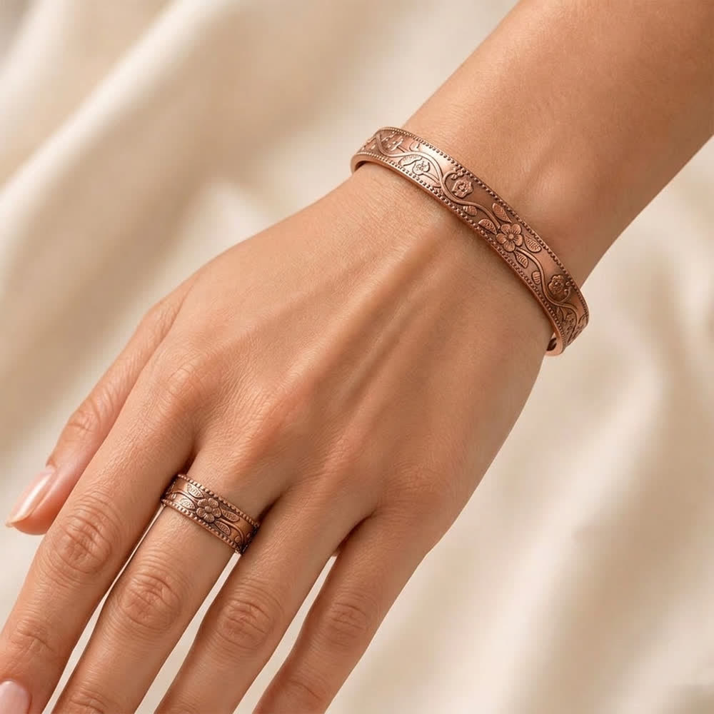 Vintage Floral Embossed Magnetic Bracelet And Ring Set - image 1