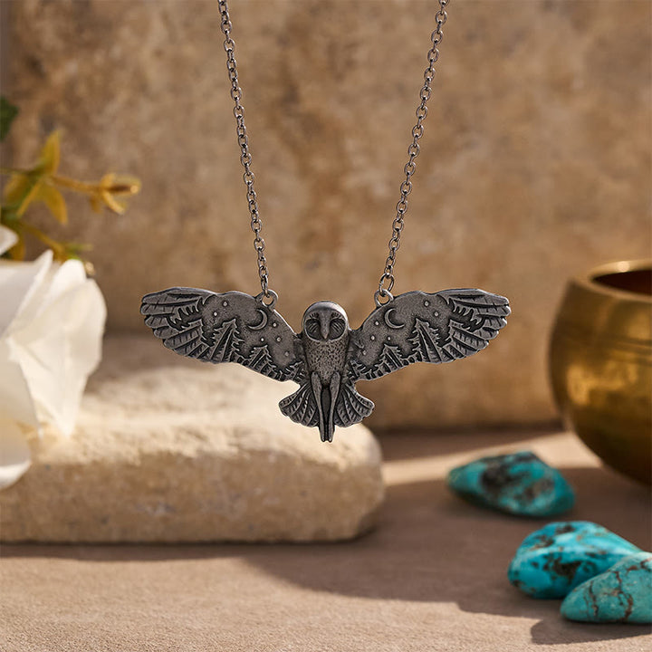 Vintage Owl Pendant Necklace with Moon & Forest Wings - Silver - image 0