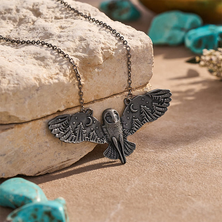Vintage Owl Pendant Necklace with Moon & Forest Wings - image 3