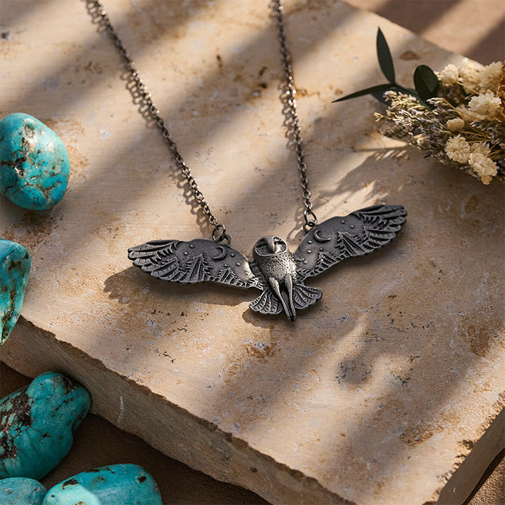 Vintage Owl Pendant Necklace with Moon & Forest Wings - image 4
