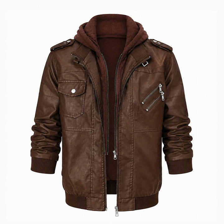 Rugged Hooded Pu Leather Biker Coat For Men - Brown - 3XL - image 2