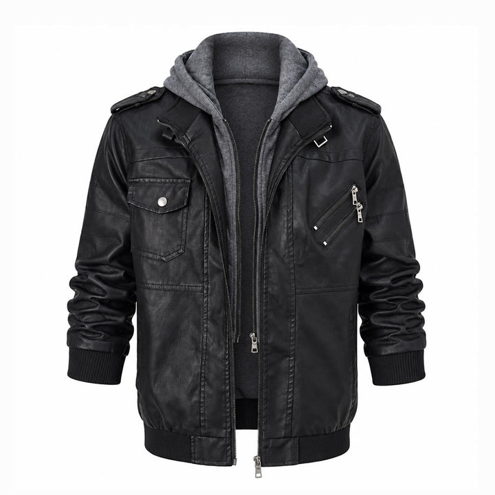 Rugged Hooded Pu Leather Biker Coat For Men - Black - 3XL - image 1