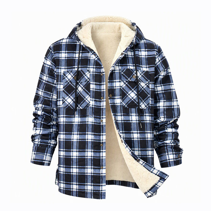 Men's Plaid Fleece-lined Hooded Shirt Jacket - Black&white - 5XL - image 1