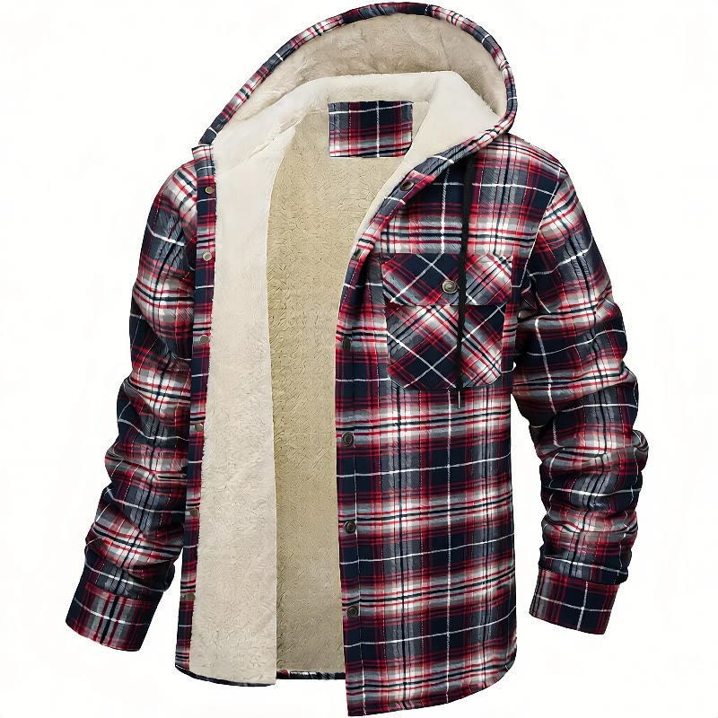 Men's Plaid Fleece-lined Hooded Shirt Jacket - Wine - 5XL - image 8