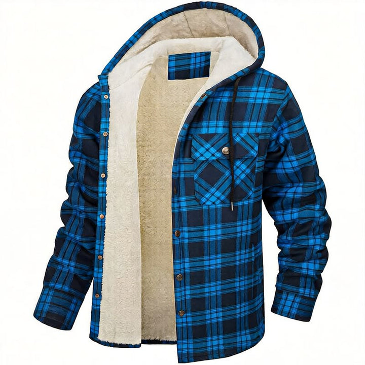 Men's Plaid Fleece-lined Hooded Shirt Jacket - Royal Blue - 5XL - image 3