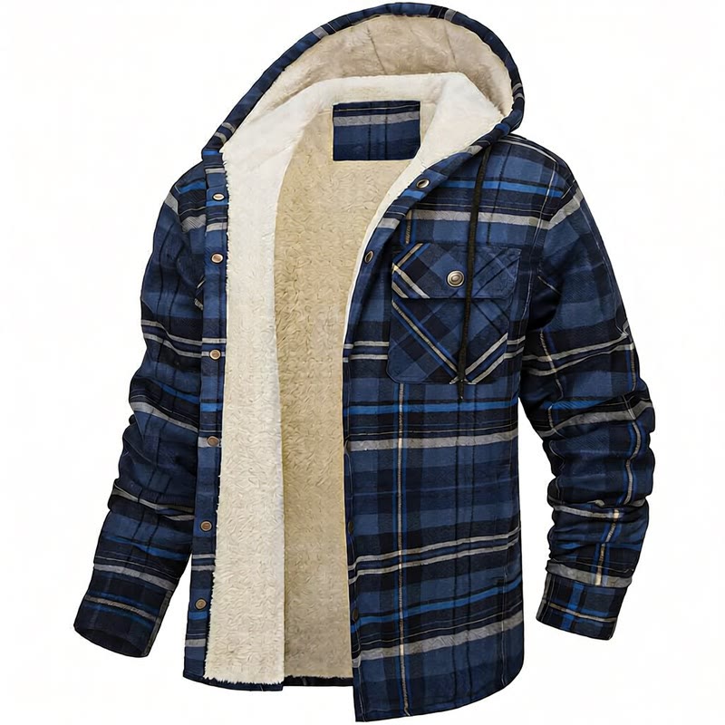 Men's Plaid Fleece-lined Hooded Shirt Jacket - Navy Blue - 5XL - image 4