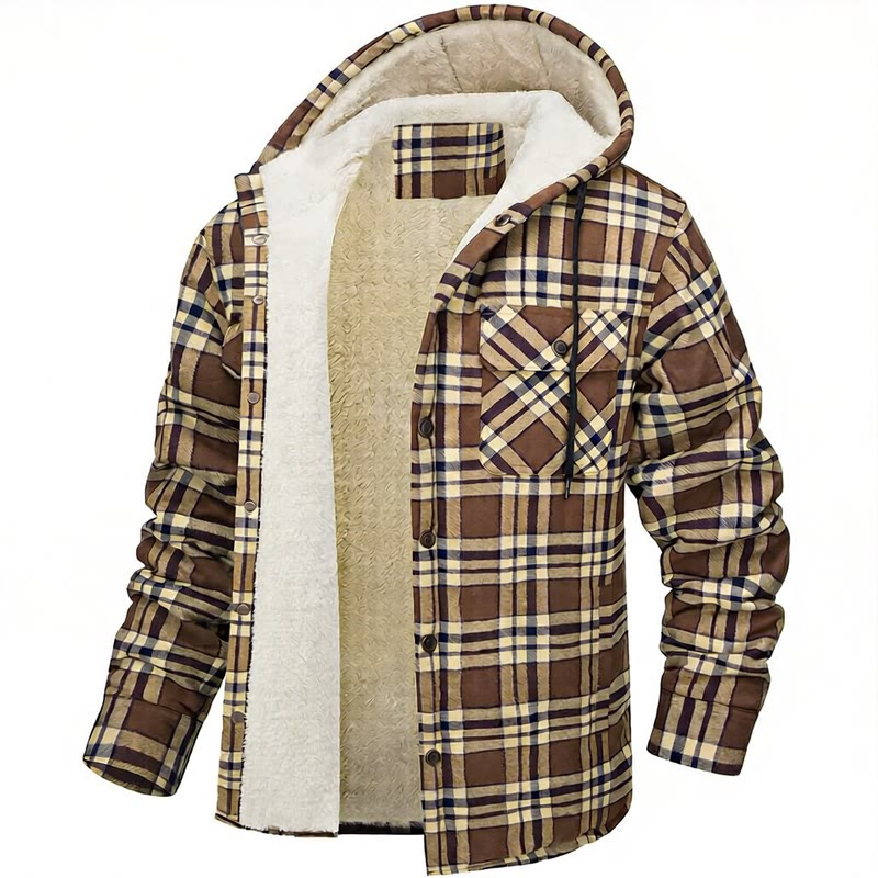 Men's Plaid Fleece-lined Hooded Shirt Jacket - Khaki - 5XL - image 5