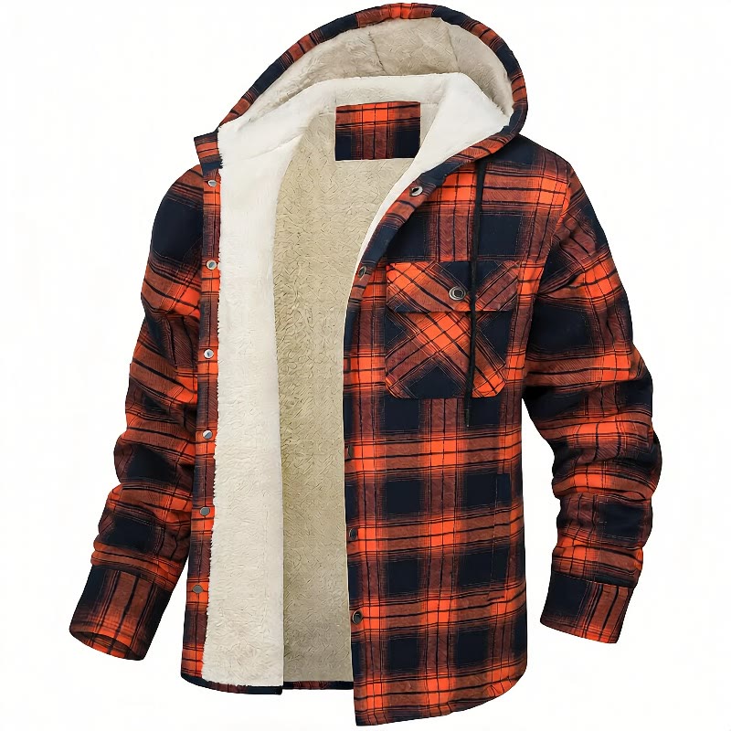 Men's Plaid Fleece-lined Hooded Shirt Jacket - Orange - 5XL - image 6