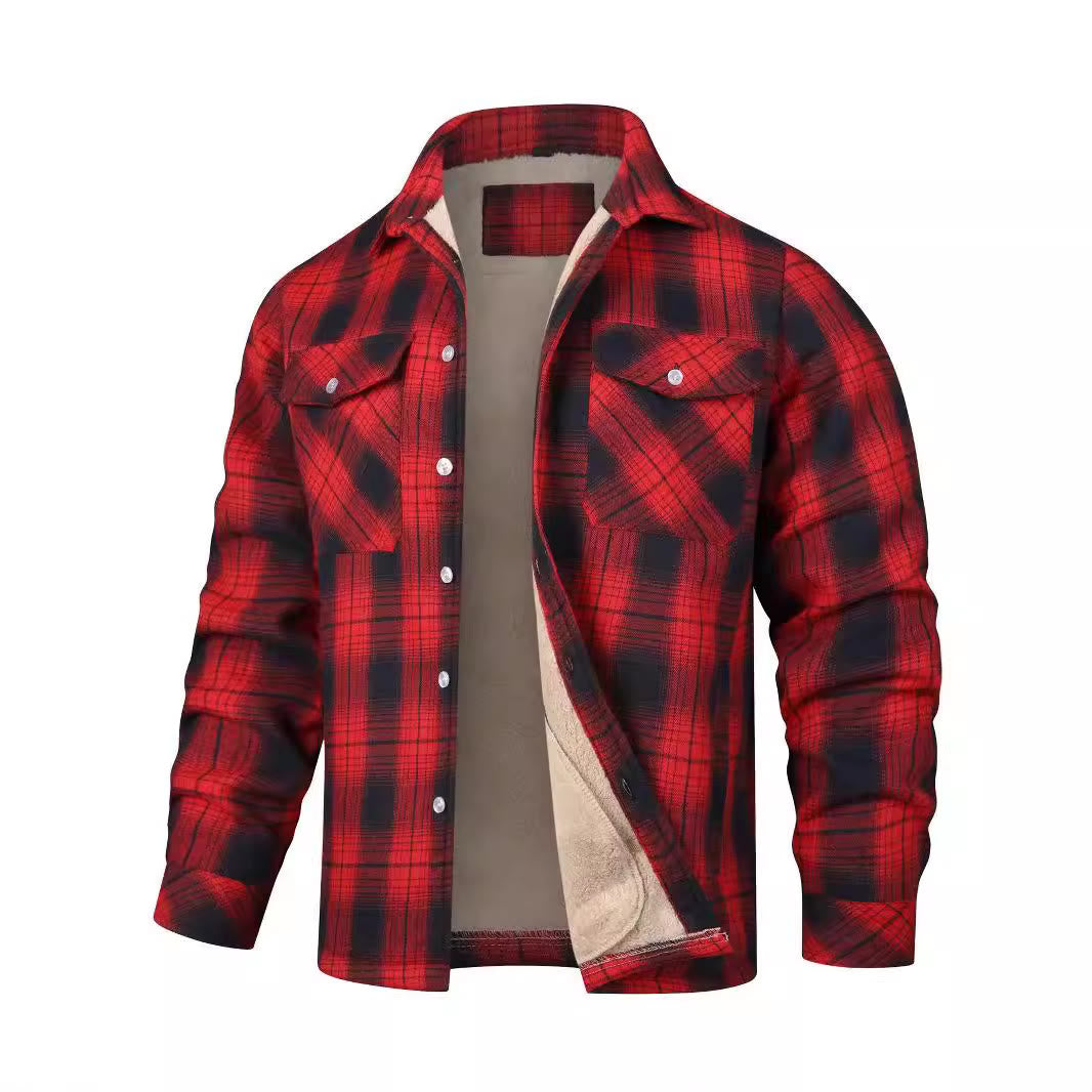 Men's Plaid Fleece-lined Shirt Jacket - Red - 5XL - image 2