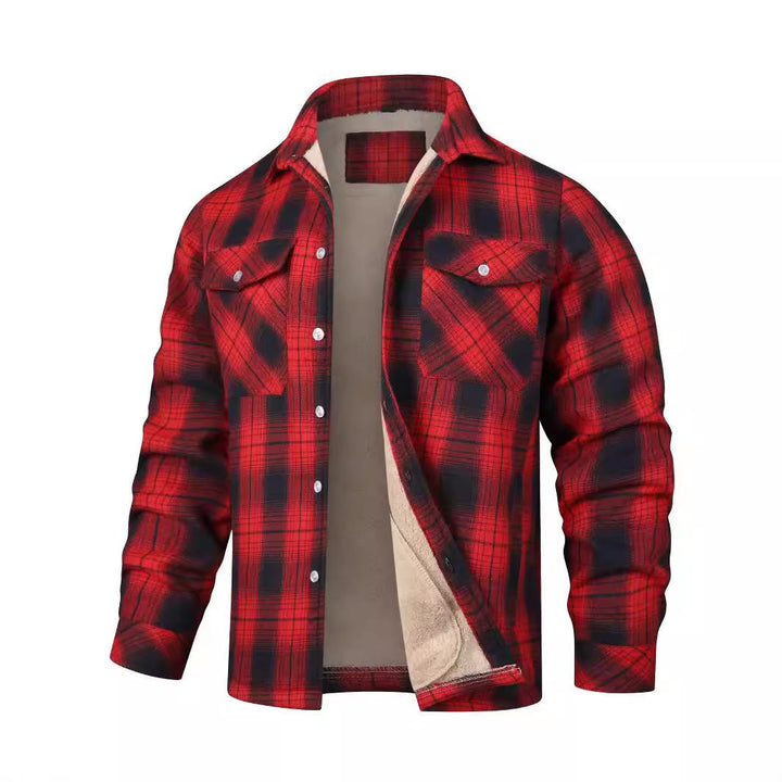 Men's Plaid Fleece-lined Shirt Jacket - Red - 5XL - image 2