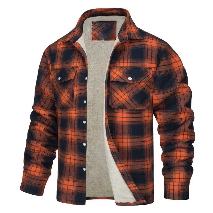 Men's Plaid Fleece-lined Shirt Jacket - Orange - 5XL - image 5