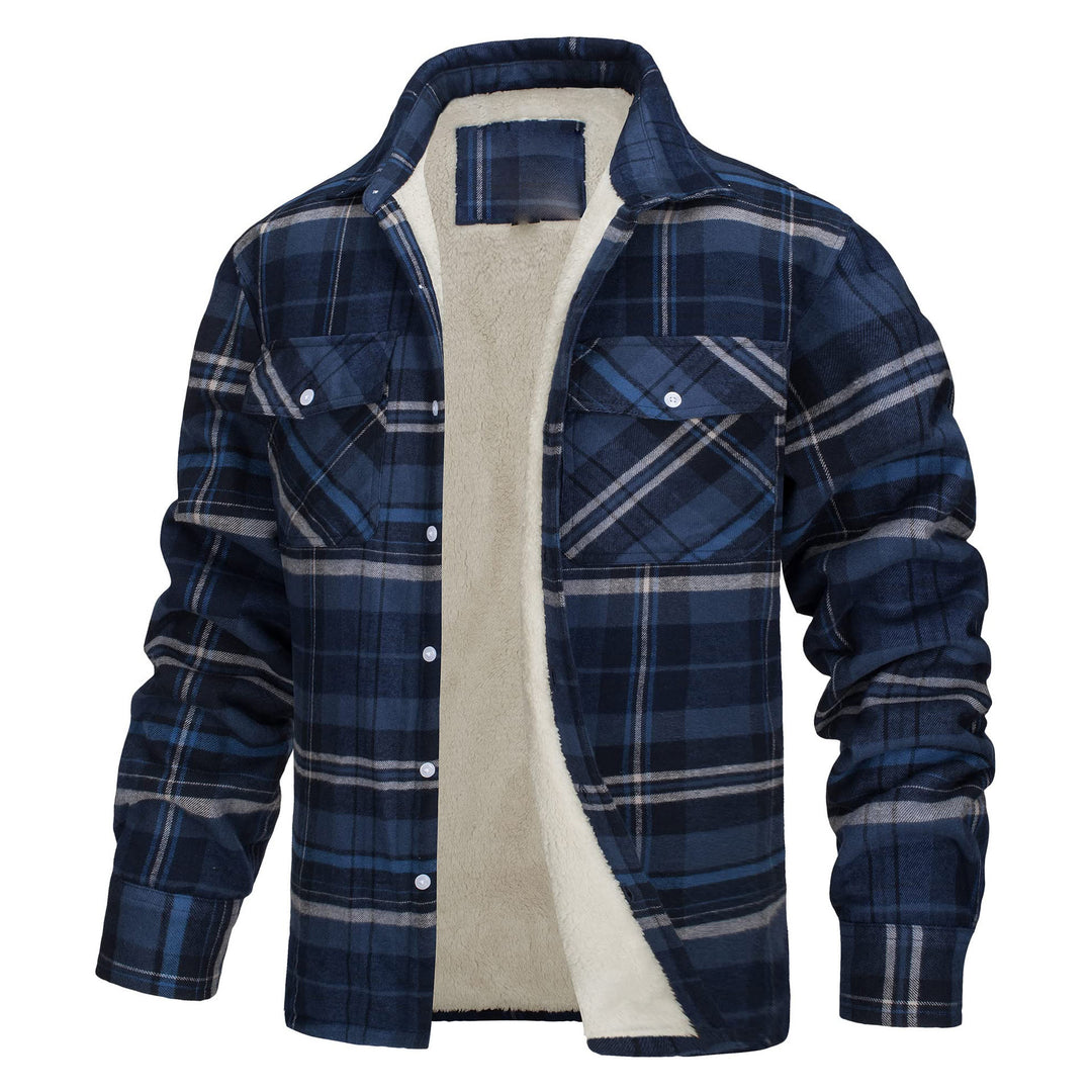 Men's Plaid Fleece-lined Shirt Jacket - Navy Blue - 5XL - image 6