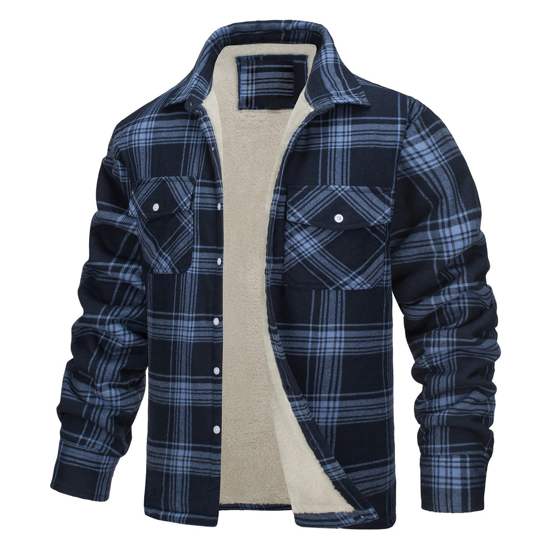 Men's Plaid Fleece-lined Shirt Jacket - Dark Blue - 5XL - image 3