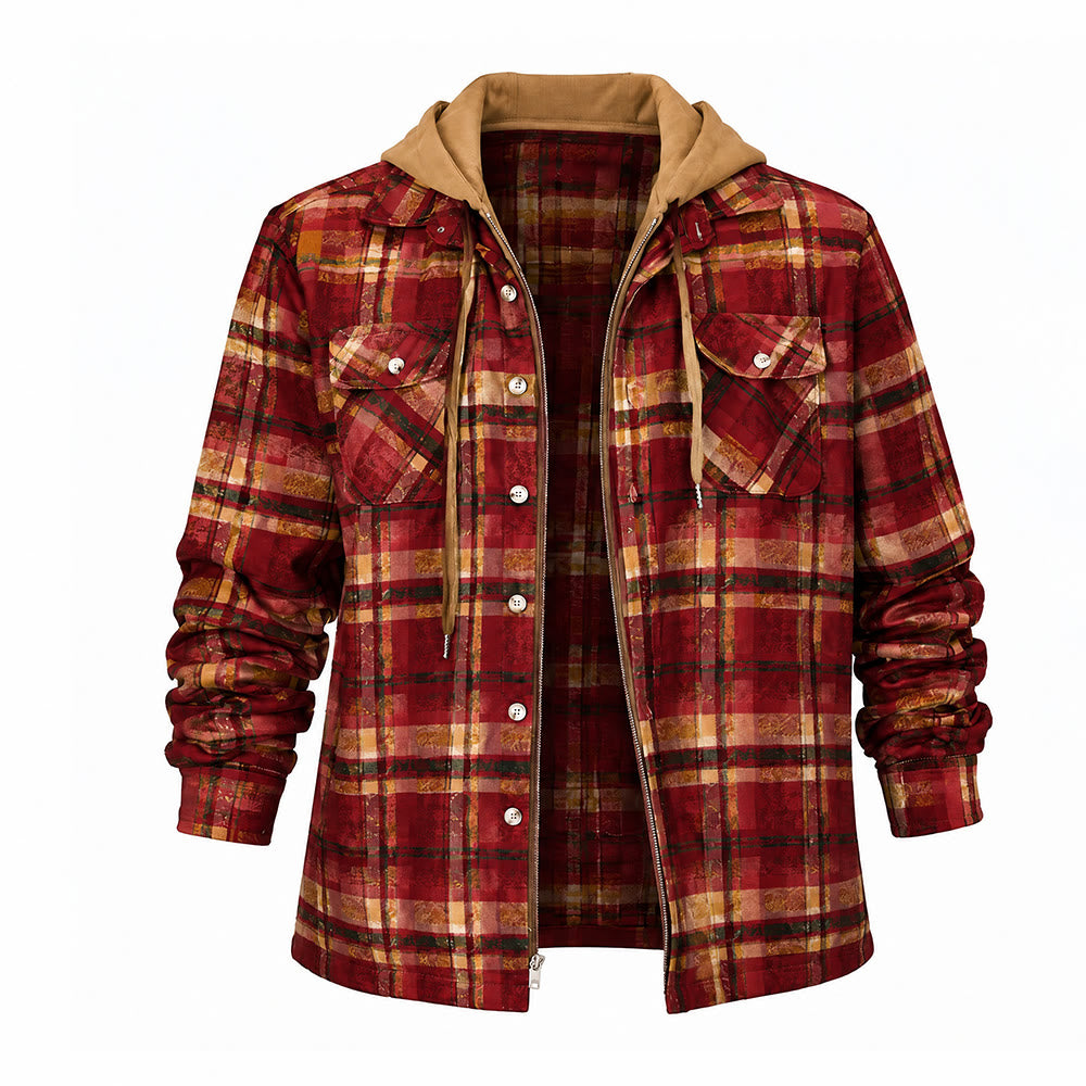 Men's Hooded Plaid Quilted Shirt Jacket - Red Striped - 4XL - image 16