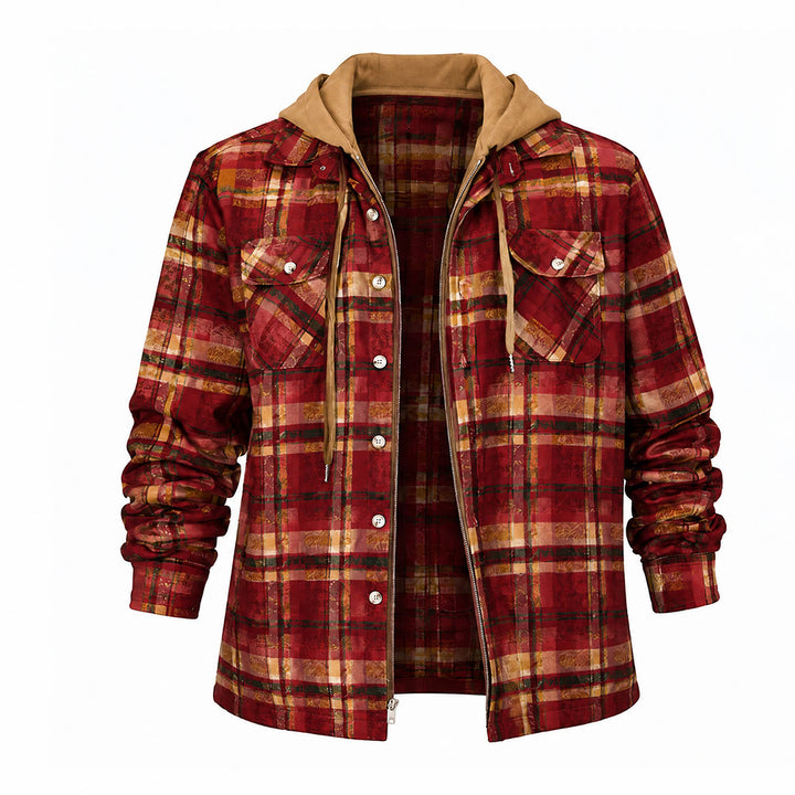 Men's Hooded Plaid Quilted Shirt Jacket - Red Striped - 4XL - image 16