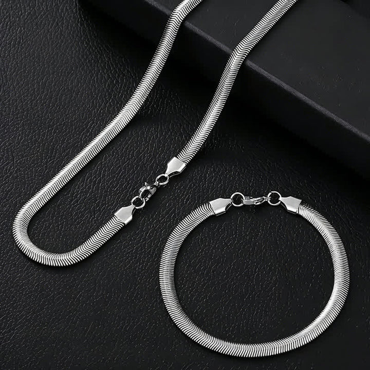 Flat Herringbone Snake Chain Bracelet Necklace - Silver - Necklace + Bracelet - image 0