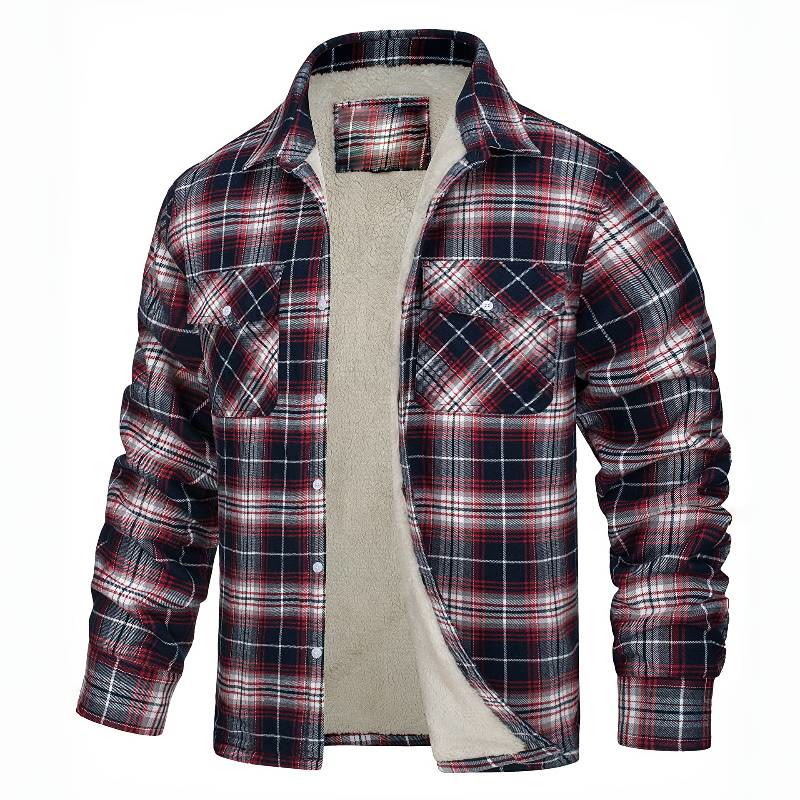Men's Plaid Fleece-lined Shirt Jacket - Wine - 5XL - image 7