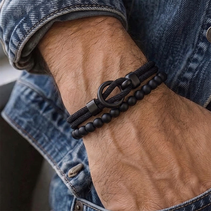 Men's Minimalist Two-Piece Beaded & Cord Bracelet Set - image 1