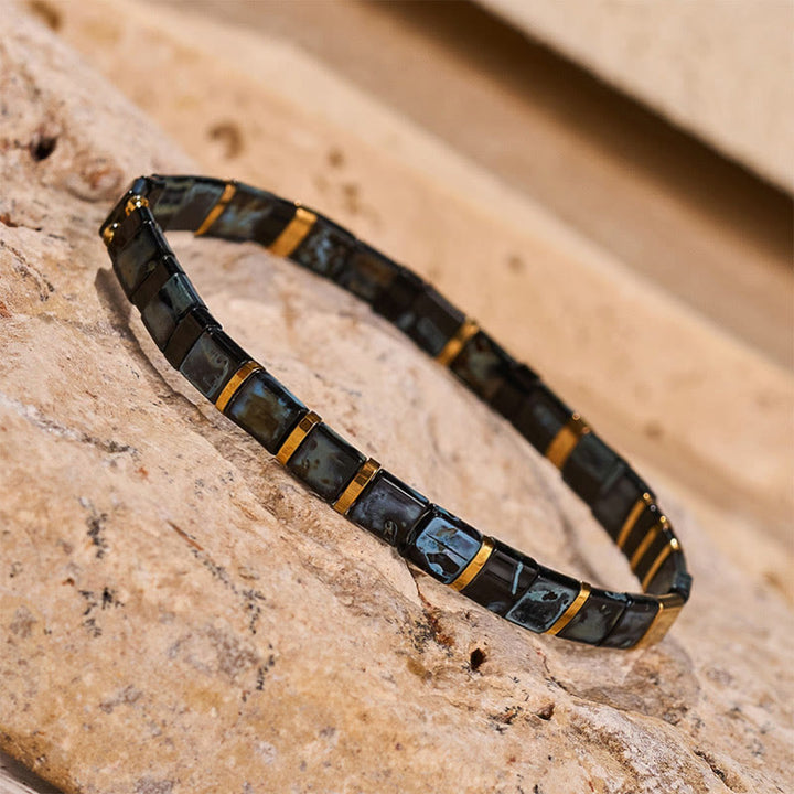 Black & Gold Tila Bead Bracelet Vintage - image 4